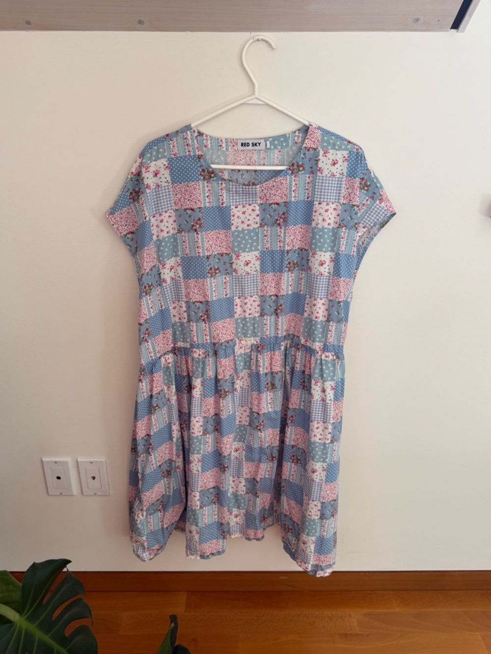 Oversized Blue and Pink Patchwork Print Dress